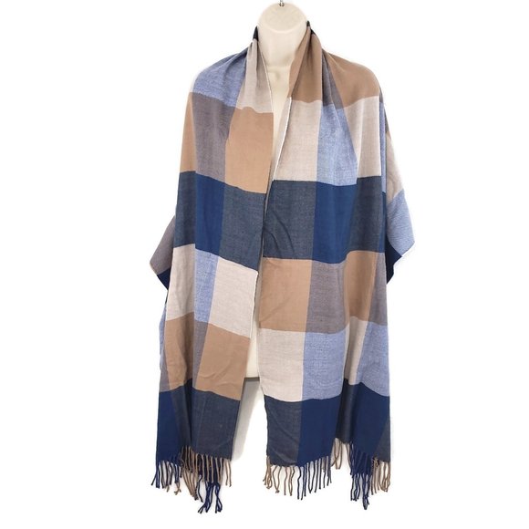 Wide Checkered Scarf Blue Tan Plaid Soft Thick Warm Wrap Shawl Neutral Woven - Picture 1 of 11